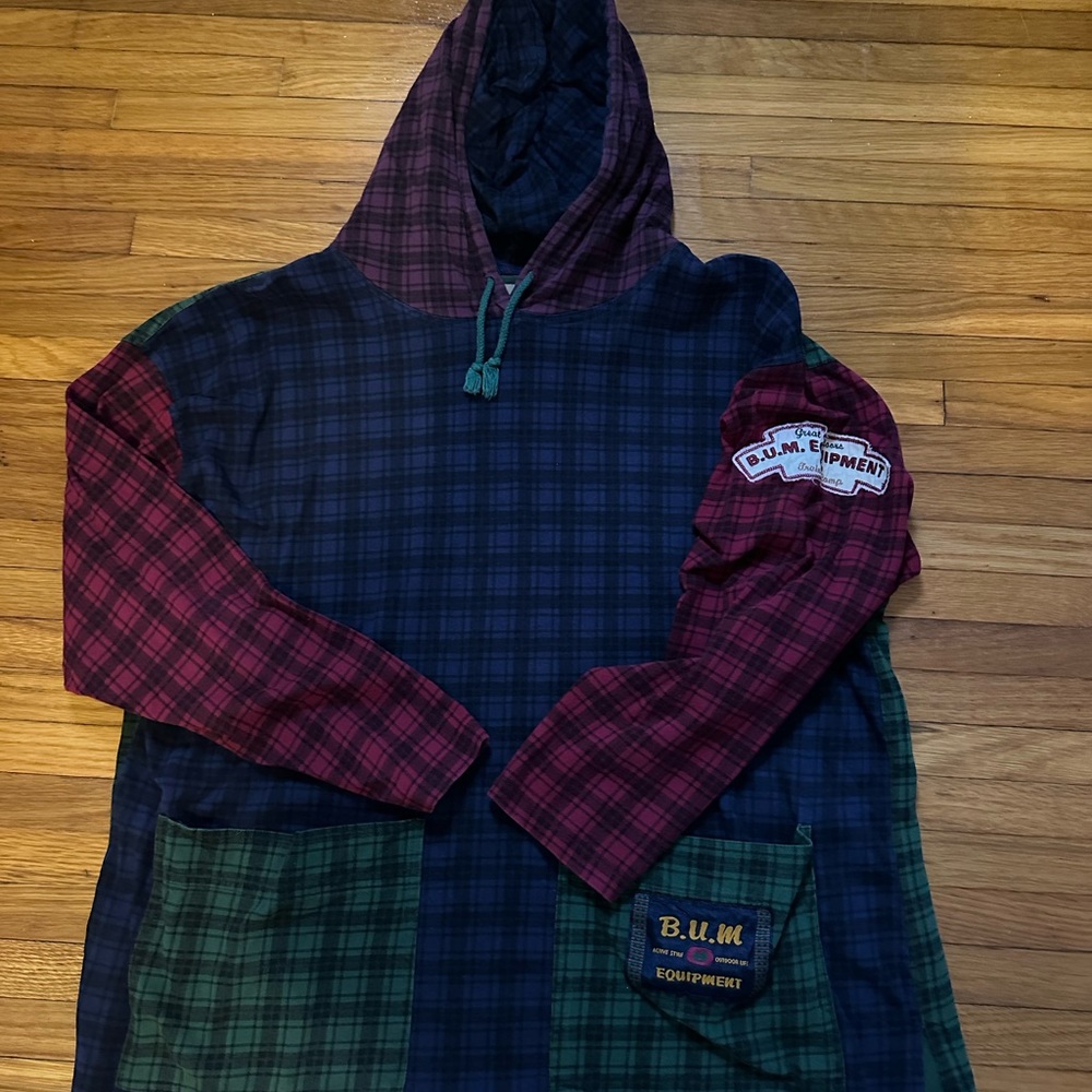 Vintage B.U.M Equipment Unisex L oversized plaid patchwork hoodie